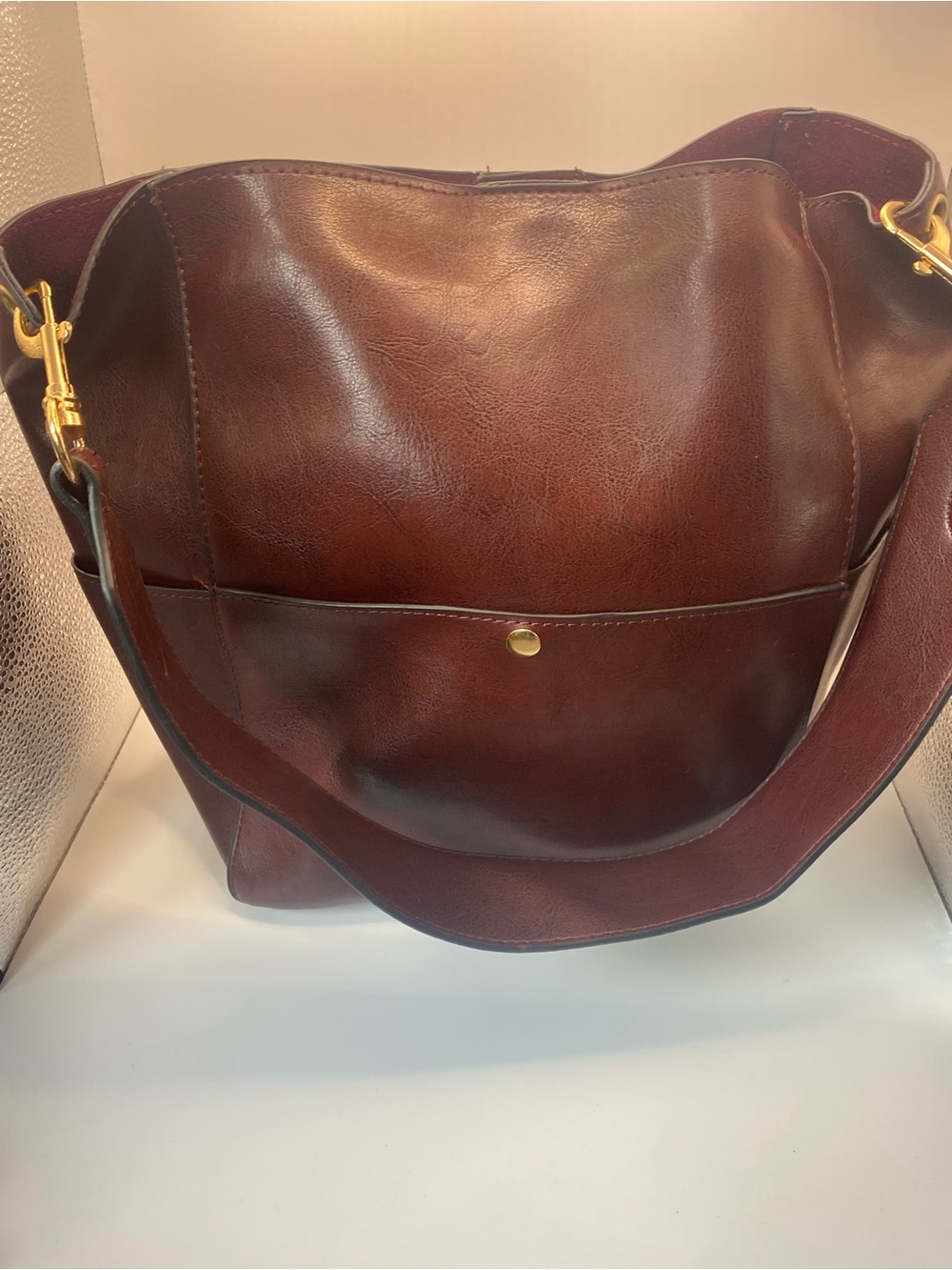 Genuine Leather Burgundy Convertible Hobo Bucket Bag - Picture 5 of 11